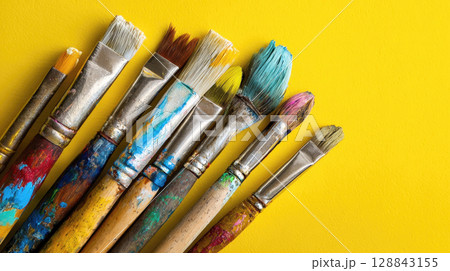 Well-used paint brushes, each bristles stained with various vibrant colors. They are artistically arranged diagonally against a vivid yellow background, symbolizing creativity and artistic passion. 128843155