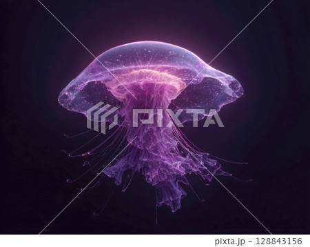 A stunning, glowing jellyfish with translucent tentacles, radiating vibrant pink and blue bioluminescence on dark background. Concept of marine life, science, technology, beauty and underwater wonder 128843156
