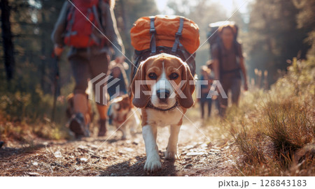 Embrace the call of the wild with this heartwarming image of a beagle leading a group of hikers through a sun-dappled forest. Perfect for themes of pet travel, outdoor adventure, and nature walks 128843183