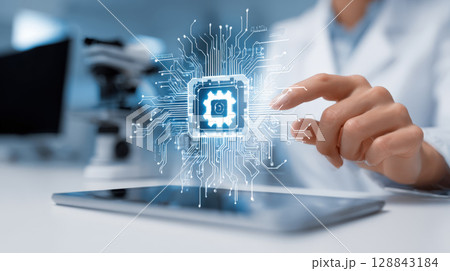 This image powerfully represents technological innovation and scientific research, showing a hand interacting with a digital circuit board and processor. Perfect for concepts of AI, data, future tech 128843184