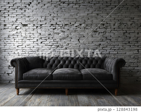 Black sofa in a loft interior against a textured wall. Sofa in a home. Neural network AI generated art Black sofa in a loft interior against a textured wall. Sofa in a home. Neural network AI generated art 128843198