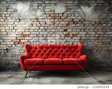 Red sofa in a loft interior against a textured wall. Sofa in a home. Neural network AI generated art 128843245