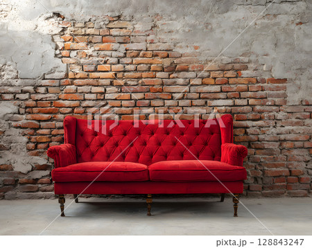 Red sofa in a loft interior against a textured wall. Sofa in a home. Neural network AI generated art 128843247