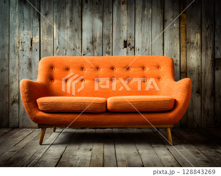 Orange sofa in a loft interior against a textured wall. Sofa in a home. Neural network AI generated art 128843269
