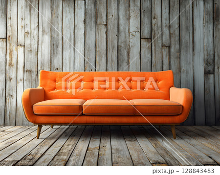 Orange sofa in a loft interior against a textured wall. Sofa in a home. Neural network AI generated art 128843483