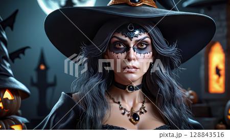 Halloween. Beautiful young witch casts a spell on Halloween 128843516