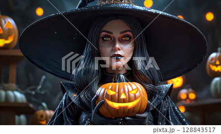 Halloween. Beautiful young witch casts a spell on Halloween 128843517