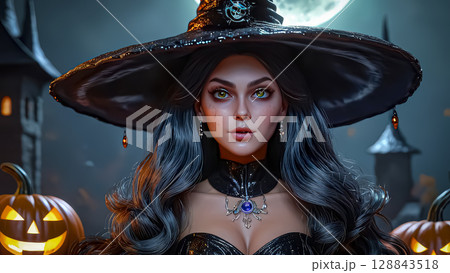 Halloween. Beautiful young witch casts a spell on Halloween 128843518