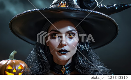 Halloween. Beautiful young witch casts a spell on Halloween 128843519