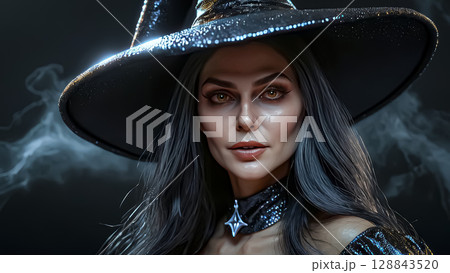 Halloween. Beautiful young witch casts a spell on Halloween 128843520