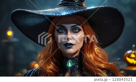 Halloween. Beautiful young witch casts a spell on Halloween 128843521