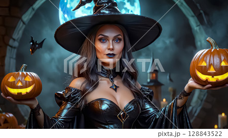 Halloween. Beautiful young witch casts a spell on Halloween 128843522