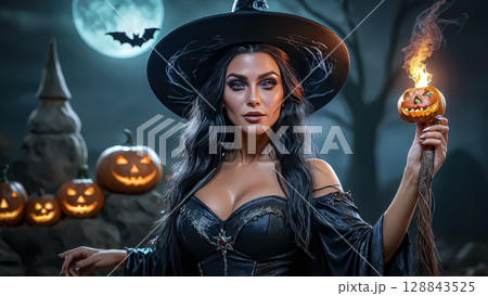 Halloween. Beautiful young witch casts a spell on Halloween 128843525