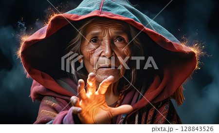 Halloween. An old experienced witch casts a spell on Halloween 128843526