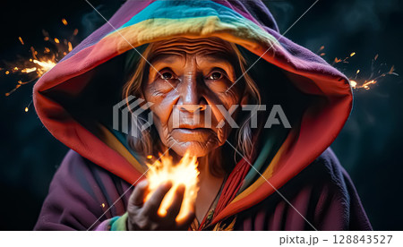 Halloween. An old experienced witch casts a spell on Halloween 128843527