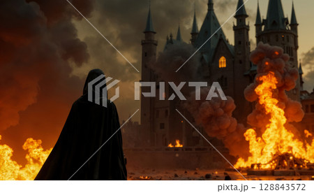 A wizard in a black robe looks at a burning castle, flames and smoke floating in the fire 128843572