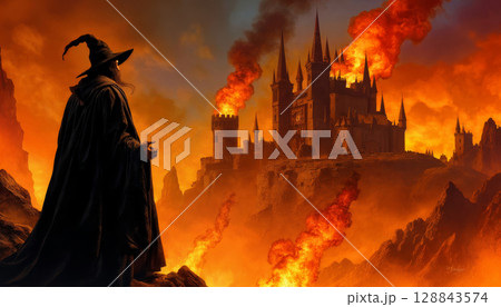 A wizard in a black robe looks at a burning castle, flames and smoke floating in the fire 128843574