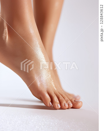 A close-up of well-maintained, moisturized foots with neatly polished nails, set against clean, light background. This image highlights themes of skincare, beauty, wellness, pedicure and personal care 128843612