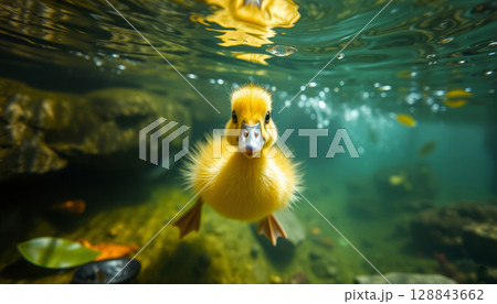 Cute and funny yellow duckling swimming in lake, little duck Cute and funny yellow duckling swimming in lake, little duck 128843662