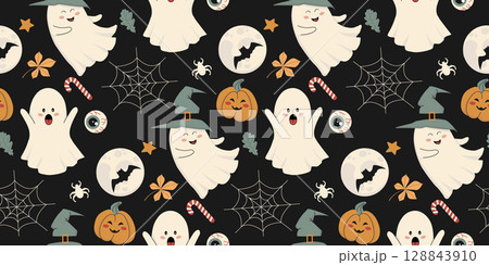 Seamless Halloween pattern with cute ghosts, pumpkins, bats, candy, eyeballs and spider webs. Playful cartoon style in soft beige, orange and black. Perfect for wrapping paper, textiles, party decor. 128843910