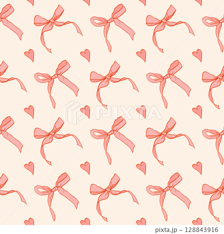 Pink vintage coquettish ribbon bows seamless pattern with hearts. Perfect for fabric, gift wrap, stationery, wallpaper, scrapbooking, fashion design, branding, and romantic-themed projects. 128843916