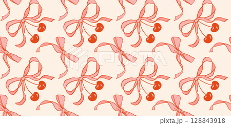 Pink vintage coquettish ribbon bows seamless pattern with cherries. Ideal for fabric prints, wrapping paper, stationery, wallpapers, digital backgrounds, fashion accessories, and branding projects. Pink vintage coquettish ribbon bows seamless pattern with cherries. Ideal for fabric prints, wrapping paper, stationery, wallpapers, digital backgrounds, fashion accessories, and branding projects. 128843918
