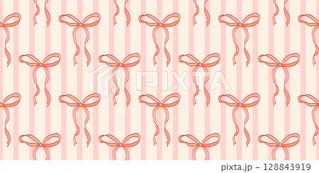 Pink vintage coquette ribbon bows seamless pattern for fabric, wallpaper, gift wrapping, stationery, fashion design, bedding, scrapbooking, and feminine branding in delicate retro aesthetic. 128843919