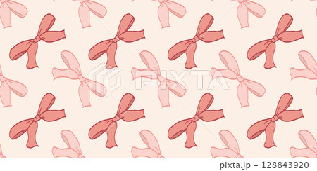 Pink vintage coquettish ribbon bows seamless pattern for fabric, wallpaper, gift wrapping, scrapbooking, and fashion design. Elegant hand-drawn aesthetic for feminine and romantic creative projects. Pink vintage coquettish ribbon bows seamless pattern for fabric, wallpaper, gift wrapping, scrapbooking, and fashion design. Elegant hand-drawn aesthetic for feminine and romantic creative projects. 128843920