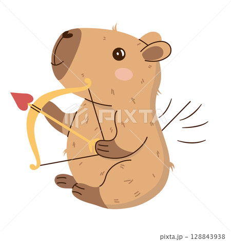 Cute isolated vector illustration of cupid's capybara with bow and arrow on transparent background. Perfect for Valentine's Day cards, stickers, posters and social media. Charming and playful design. Cute isolated vector illustration of cupid's capybara with bow and arrow on transparent background. Perfect for Valentine's Day cards, stickers, posters and social media. Charming and playful design. 128843938