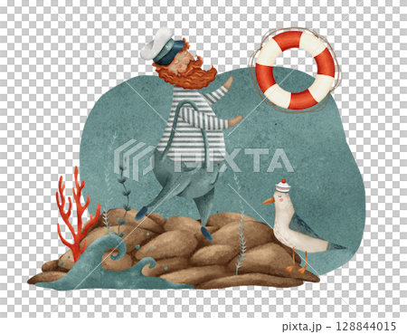 A Cheerful Sailor with a Lifebuoy and a Seagull, enjoying a wonderful time by the Sea 128844015