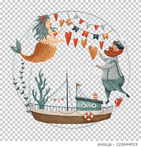 A Whimsical Mermaid and a Cheerful Sailor alongside a Boat adorned with Colorful Banners 128844019