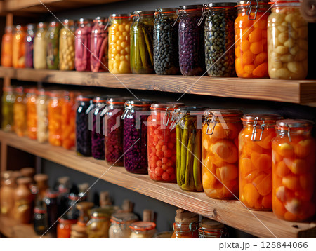Food in supermarket, glass jars with canned vegetables and fruits. Preserves in glass jars. Neural network AI generated art Food in supermarket, glass jars with canned vegetables and fruits. Preserves in glass jars. Neural network AI generated art 128844066