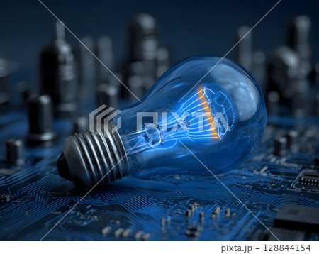 The electric light bulb as an idea or concept of energy conservation and environmental protection. Neural network AI generated art The electric light bulb as an idea or concept of energy conservation and environmental protection. Neural network AI generated art 128844154