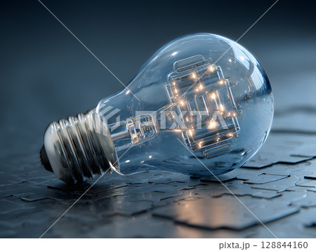 The electric light bulb as an idea or concept of energy conservation and environmental protection. Neural network AI generated art 128844160