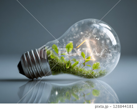 The electric light bulb as an idea or concept of energy conservation and environmental protection. Neural network AI generated art 128844181