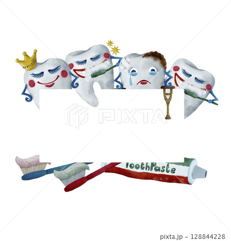A fun cartoon of teeth, toothpaste, and toothbrushes highlighting the importance of dental care A fun cartoon of teeth, toothpaste, and toothbrushes highlighting the importance of dental care 128844228