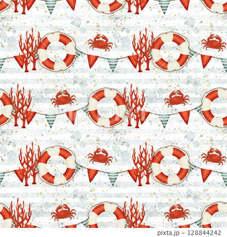 Pattern with a lifebuoy, crab, corals and sea flags on a striped background Pattern with a lifebuoy, crab, corals and sea flags on a striped background 128844242