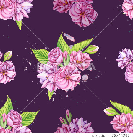 Flowers Seamless Pattern on a dark background. Watercolor botanical background of cherry blossom flowers. Pattern with Sakura flowers. Wallpaper of Pink flowers for your designs, wallpapers, clothing 128844297