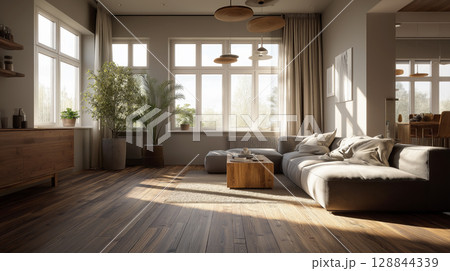 A contemporary living room featuring a comfortable grey sofa, a wooden coffee table, and an ottoman, all bathed in natural light streaming through large windows. 128844339