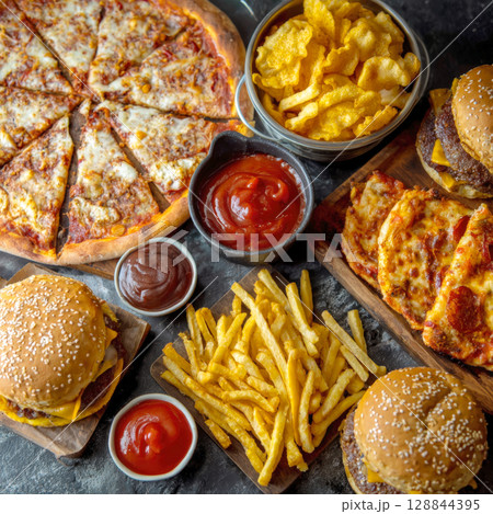 This vibrant flat lay showcases a tempting assortment of classic comfort foods, including a whole pizza, multiple burgers, golden french fries, mini pepperoni pizzas, all ready for a satisfying feast 128844395