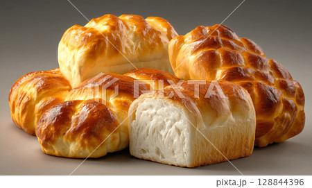 An appetizing display of freshly baked white bread loaves, showcasing their golden-brown crusts and soft, airy interior. Ideal for sandwiches, toast, or a delicious side to any meal 128844396