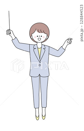 指揮棒を大きく構えるスーツ姿の女性イラスト 128844523