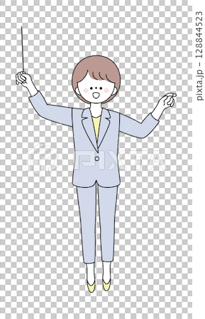 指揮棒を大きく構えるスーツ姿の女性イラスト 128844523