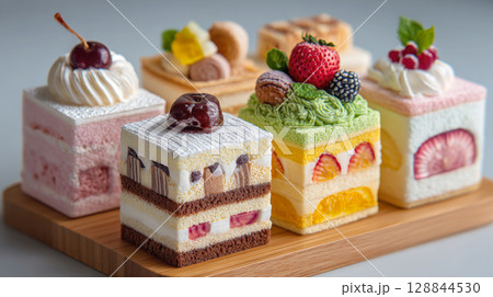 Miniature cakes, each a unique masterpiece with intricate layers, vibrant colors, delicate toppings of fresh fruits, cream, chocolates on a wooden board, ideal for gourmet desserts or special events. Miniature cakes, each a unique masterpiece with intricate layers, vibrant colors, delicate toppings of fresh fruits, cream, chocolates on a wooden board, ideal for gourmet desserts or special events. 128844530