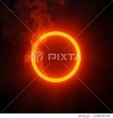 vibrant fiery neon circle glowing in center with pulsating waves for use in abstract digital art or tech backgrounds 128844596