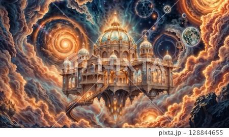 majestic fantasy palace with cosmic background and glowing clouds for use in digital storytelling, surreal landscapes, or imaginative design projects 128844655