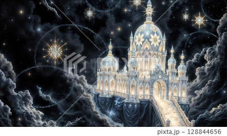 grand ornate cathedral structure against vibrant cosmic nebula and shimmering stars for use in fantasy architecture celestial themes or sci fi backgrounds 128844656