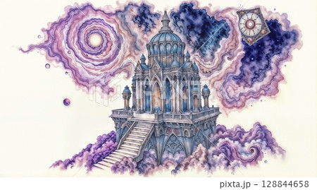 otherworldly sky scene with majestic building surrounded by stars planets and ufos for use in surreal landscapes futuristic designs or imaginative projects 128844658