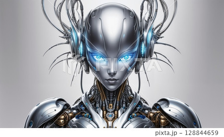 futuristic humanoid robot with glowing blue eyes and intricate mechanical details for use in sci fi designs, robotics presentations, or artificial intelligence concepts 128844659