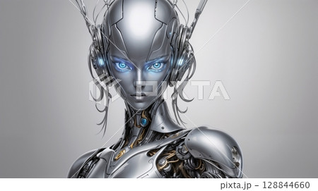 detailed metallic humanoid robot with illuminated circuitry and expressive blue eyes for use in technology advertising, futuristic art, or AI themed media 128844660